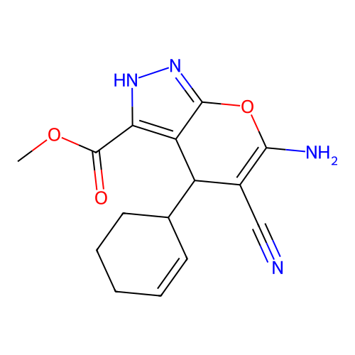 methyl 6-amino-5-cyano-4-(cyclohex-2-en-1-yl)-1,4-dihydropyrano[2,3-c]pyrazole-3-carboxylate structure