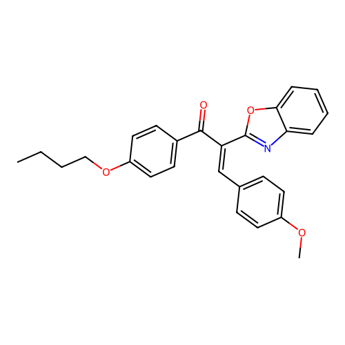 (2E)-2-benzoxazol-2-yl-1-(4-butoxyphenyl)-3-(4-methoxyphenyl)prop-2-en-1-one structure