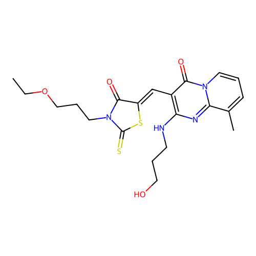 3-{(Z)-[3-(3-ethoxypropyl)-4-oxo-2-thioxo-1,3-thiazolidin-5-ylidene]methyl}-2-[(3-hydroxypropyl)amino]-9-methyl-4H-pyrido[1,2-a]pyrimidin-4-one structure