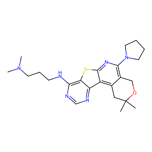 N'-[2,2-dimethyl-5-(pyrrolidin-1-yl)-1,4-dihydro-2H-pyrano[4'',3'':4',5']pyrido[3',2':4,5]thieno[3,2-d]pyrimidin-8-yl]-N,N-dimethylpropane-1,3-diamine structure