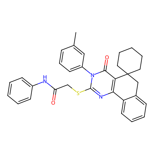 2-((4-oxo-3-(m-tolyl)-4,6-dihydro-3H-spiro[benzo[h]quinazoline-5,1'-cyclohexan]-2-yl)thio)-N-phenylacetamide structure