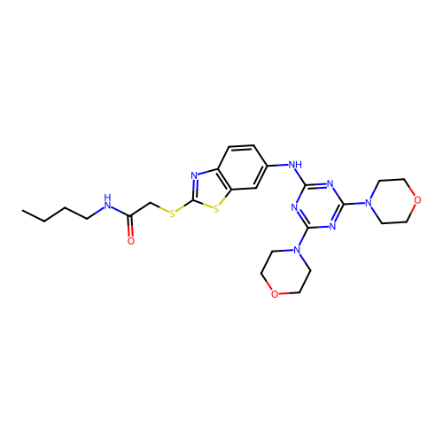 N-butyl-2-((6-((4,6-dimorpholino-1,3,5-triazin-2-yl)amino)benzo[d]thiazol-2-yl)thio)acetamide structure