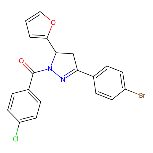 (3-(4-bromophenyl)-5-(furan-2-yl)-4,5-dihydro-1H-pyrazol-1-yl)(4-chlorophenyl)methanone structure