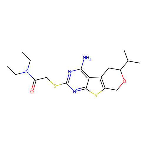 2-((4-amino-6-isopropyl-6,8-dihydro-5H-pyrano[4',3':4,5]thieno[2,3-d]pyrimidin-2-yl)thio)-N,N-diethylacetamide structure
