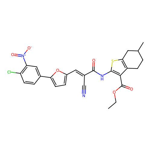(E)-ethyl 2-(3-(5-(4-chloro-3-nitrophenyl)furan-2-yl)-2-cyanoacrylamido)-6-methyl-4,5,6,7-tetrahydrobenzo[b]thiophene-3-carboxylate structure
