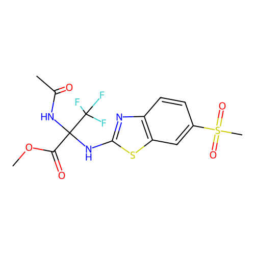 methyl 2-acetamido-3,3,3-trifluoro-2-[(6-methylsulfonyl-1,3-benzothiazol-2-yl)amino]propanoate structure