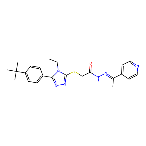 2-{[5-(4-tert-butylphenyl)-4-ethyl-4H-1,2,4-triazol-3-yl]sulfanyl}-N'-[(1E)-1-(pyridin-4-yl)ethylidene]acetohydrazide structure