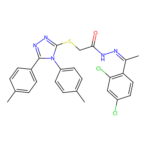 (Z)-2-((4,5-di-p-tolyl-4H-1,2,4-triazol-3-yl)thio)-N'-(1-(2,4-dichlorophenyl)ethylidene)acetohydrazide structure