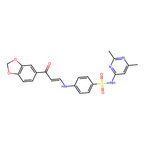 (E)-4-((3-(benzo[d][1,3]dioxol-5-yl)-3-oxoprop-1-en-1-yl)amino)-N-(2,6-dimethylpyrimidin-4-yl)benzenesulfonamide structure