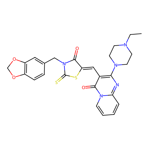 3-{(Z)-[3-(1,3-benzodioxol-5-ylmethyl)-4-oxo-2-thioxo-1,3-thiazolidin-5-ylidene]methyl}-2-(4-ethylpiperazin-1-yl)-4H-pyrido[1,2-a]pyrimidin-4-one structure