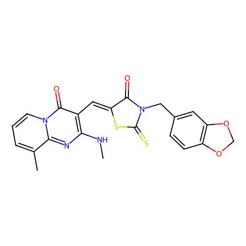 (Z)-3-(benzo[d][1,3]dioxol-5-ylmethyl)-5-((9-methyl-2-(methylamino)-4-oxo-4H-pyrido[1,2-a]pyrimidin-3-yl)methylene)-2-thioxothiazolidin-4-one structure