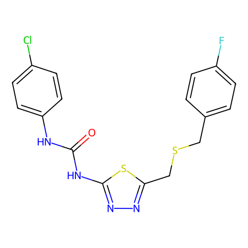 1-(4-chlorophenyl)-3-(5-(((4-fluorobenzyl)thio)methyl)-1,3,4-thiadiazol-2-yl)urea structure