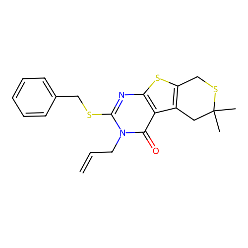 2-(benzylsulfanyl)-6,6-dimethyl-3-(prop-2-en-1-yl)-3,5,6,8-tetrahydro-4H-thiopyrano[4',3':4,5]thieno[2,3-d]pyrimidin-4-one structure