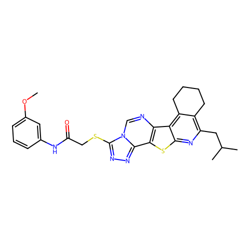 2-((11-isobutyl-7,8,9,10-tetrahydro-[1,2,4]triazolo[4'',3'':1',6']pyrimido[4',5':4,5]thieno[2,3-c]isoquinolin-3-yl)thio)-N-(3-methoxyphenyl)acetamide structure