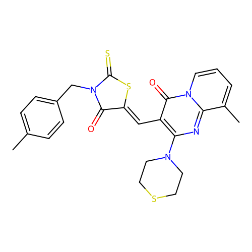 9-methyl-3-{(Z)-[3-(4-methylbenzyl)-4-oxo-2-thioxo-1,3-thiazolidin-5-ylidene]methyl}-2-(thiomorpholin-4-yl)-4H-pyrido[1,2-a]pyrimidin-4-one structure