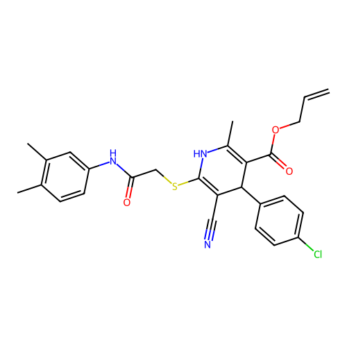 allyl 4-(4-chlorophenyl)-5-cyano-6-((2-((3,4-dimethylphenyl)amino)-2-oxoethyl)thio)-2-methyl-1,4-dihydropyridine-3-carboxylate structure