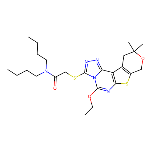N,N-dibutyl-2-((5-ethoxy-10,10-dimethyl-10,11-dihydro-8H-pyrano[4',3':4,5]thieno[3,2-e][1,2,4]triazolo[4,3-c]pyrimidin-3-yl)thio)acetamide structure