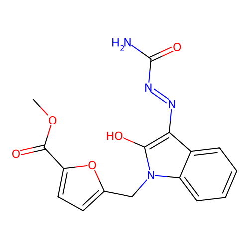 (Z)-methyl 5-((3-(2-carbamoylhydrazono)-2-oxoindolin-1-yl)methyl)furan-2-carboxylate structure