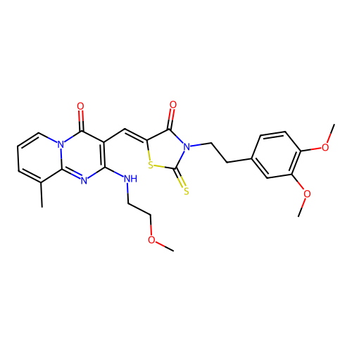 3-[(Z)-{3-[2-(3,4-dimethoxyphenyl)ethyl]-4-oxo-2-thioxo-1,3-thiazolidin-5-ylidene}methyl]-2-[(2-methoxyethyl)amino]-9-methyl-4H-pyrido[1,2-a]pyrimidin-4-one structure