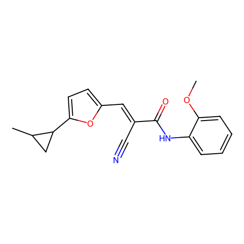 (E)-2-cyano-N-(2-methoxyphenyl)-3-(5-(2-methylcyclopropyl)furan-2-yl)acrylamide structure