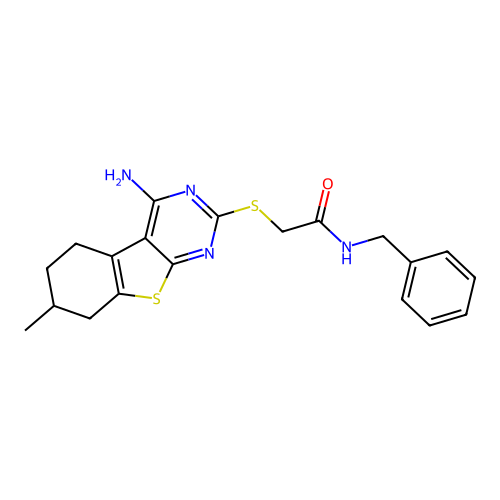 2-((4-amino-7-methyl-5,6,7,8-tetrahydrobenzo[4,5]thieno[2,3-d]pyrimidin-2-yl)thio)-N-benzylacetamide structure