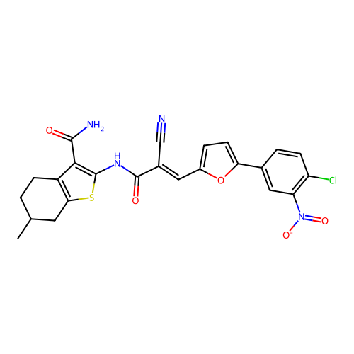 (E)-2-(3-(5-(4-chloro-3-nitrophenyl)furan-2-yl)-2-cyanoacrylamido)-6-methyl-4,5,6,7-tetrahydrobenzo[b]thiophene-3-carboxamide structure