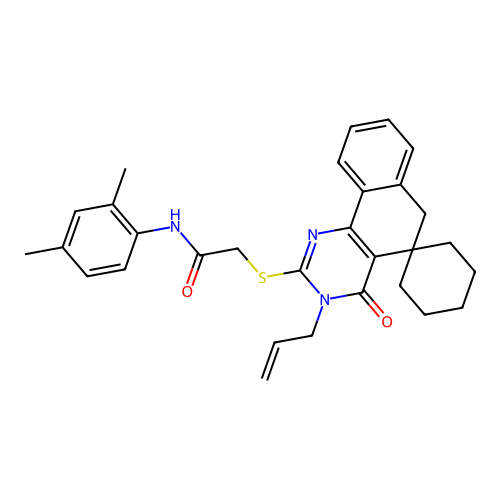 2-((3-allyl-4-oxo-4,6-dihydro-3H-spiro[benzo[h]quinazoline-5,1'-cyclohexan]-2-yl)thio)-N-(2,4-dimethylphenyl)acetamide structure