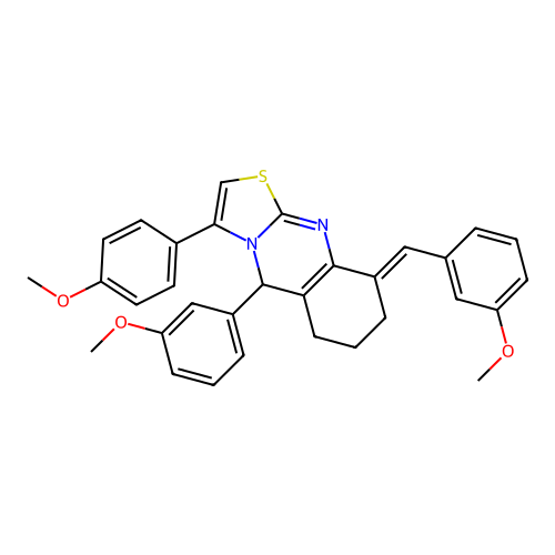 (9E)-5-(3-methoxyphenyl)-3-(4-methoxyphenyl)-9-[(3-methoxyphenyl)methylidene]-5,6,7,8-tetrahydro-[1,3]thiazolo[2,3-b]quinazoline structure
