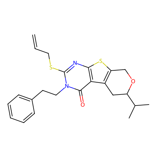2-(allylthio)-6-isopropyl-3-phenethyl-5,6-dihydro-3H-pyrano[4',3':4,5]thieno[2,3-d]pyrimidin-4(8H)-one structure
