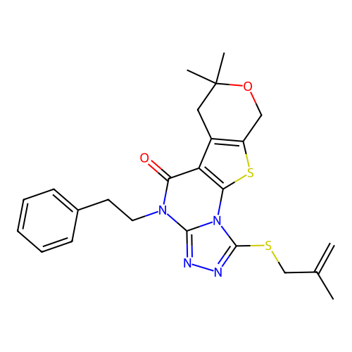 7,7-dimethyl-1-((2-methylallyl)thio)-4-phenethyl-6,7-dihydro-4H-pyrano[4',3':4,5]thieno[3,2-e][1,2,4]triazolo[4,3-a]pyrimidin-5(9H)-one structure