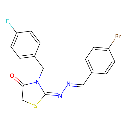 (E)-2-((E)-(4-bromobenzylidene)hydrazono)-3-(4-fluorobenzyl)thiazolidin-4-one structure