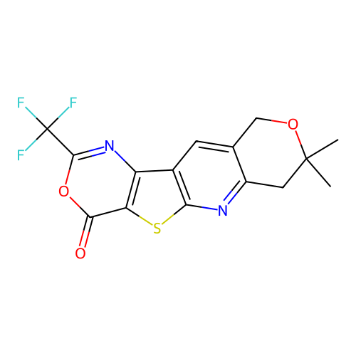 8,8-dimethyl-2-(trifluoromethyl)-7,10-dihydro-4H,8H-pyrano[3'',4'':5',6']pyrido[3',2':4,5]thieno[3,2-d][1,3]oxazin-4-one structure