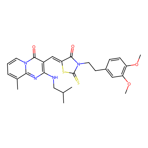 3-[(Z)-{3-[2-(3,4-dimethoxyphenyl)ethyl]-4-oxo-2-thioxo-1,3-thiazolidin-5-ylidene}methyl]-9-methyl-2-[(2-methylpropyl)amino]-4H-pyrido[1,2-a]pyrimidin-4-one structure