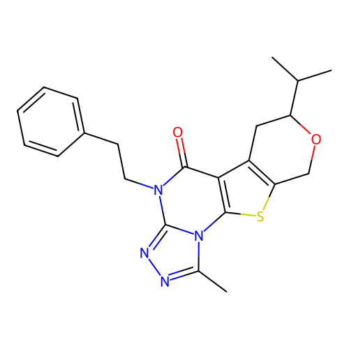 1-methyl-4-(2-phenylethyl)-7-(propan-2-yl)-6,9-dihydro-7H-pyrano[4',3':4,5]thieno[3,2-e][1,2,4]triazolo[4,3-a]pyrimidin-5(4H)-one structure