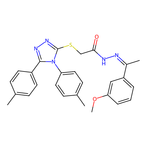 (Z)-2-((4,5-di-p-tolyl-4H-1,2,4-triazol-3-yl)thio)-N'-(1-(3-methoxyphenyl)ethylidene)acetohydrazide structure