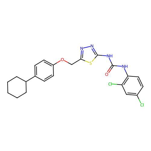 1-(5-((4-cyclohexylphenoxy)methyl)-1,3,4-thiadiazol-2-yl)-3-(2,4-dichlorophenyl)urea structure