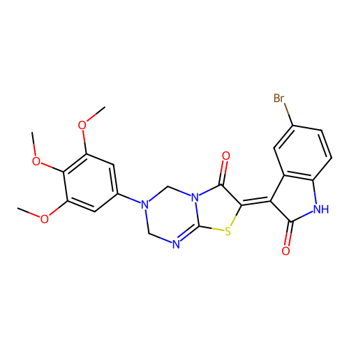 (7Z)-7-(5-bromo-2-oxo-1,2-dihydro-3H-indol-3-ylidene)-3-(3,4,5-trimethoxyphenyl)-3,4-dihydro-2H-[1,3]thiazolo[3,2-a][1,3,5]triazin-6(7H)-one structure