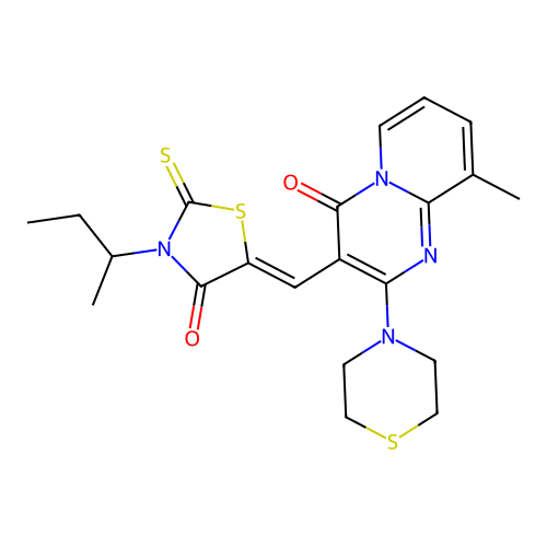 3-{(Z)-[3-(butan-2-yl)-4-oxo-2-thioxo-1,3-thiazolidin-5-ylidene]methyl}-9-methyl-2-(thiomorpholin-4-yl)-4H-pyrido[1,2-a]pyrimidin-4-one structure