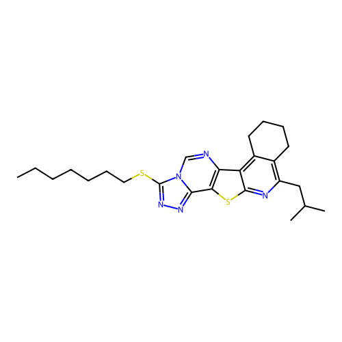 3-(heptylsulfanyl)-11-(2-methylpropyl)-7,8,9,10-tetrahydro[1,2,4]triazolo[4'',3'':1',6']pyrimido[4',5':4,5]thieno[2,3-c]isoquinoline structure