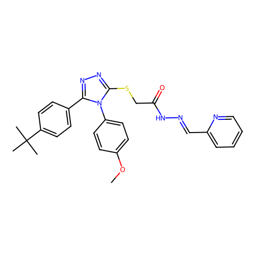 2-{[5-(4-tert-butylphenyl)-4-(4-methoxyphenyl)-4H-1,2,4-triazol-3-yl]sulfanyl}-N'-[(E)-pyridin-2-ylmethylidene]acetohydrazide structure