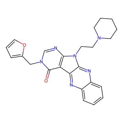 3-(furan-2-ylmethyl)-11-(2-(piperidin-1-yl)ethyl)-3H-pyrimido[5',4':4,5]pyrrolo[2,3-b]quinoxalin-4(11H)-one structure