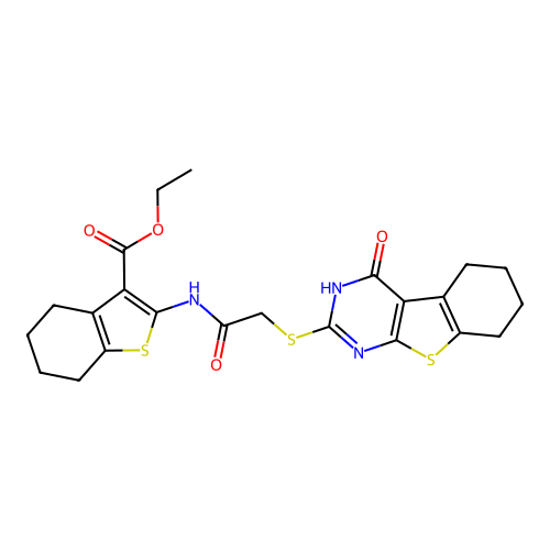 ethyl 2-({[(4-oxo-3,4,5,6,7,8-hexahydro[1]benzothieno[2,3-d]pyrimidin-2-yl)sulfanyl]acetyl}amino)-4,5,6,7-tetrahydro-1-benzothiophene-3-carboxylate structure