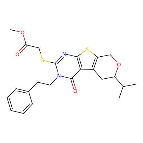 methyl {[4-oxo-3-(2-phenylethyl)-6-(propan-2-yl)-3,5,6,8-tetrahydro-4H-pyrano[4',3':4,5]thieno[2,3-d]pyrimidin-2-yl]sulfanyl}acetate structure