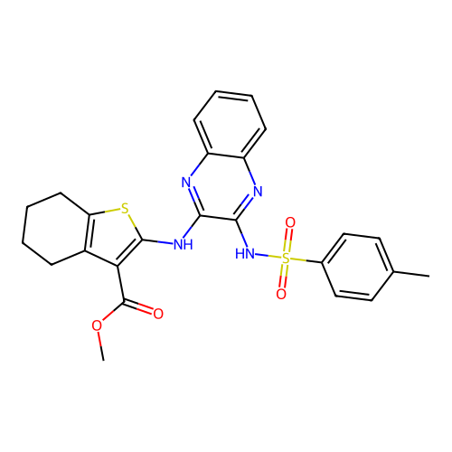 methyl 2-((3-(4-methylphenylsulfonamido)quinoxalin-2-yl)amino)-4,5,6,7-tetrahydrobenzo[b]thiophene-3-carboxylate structure