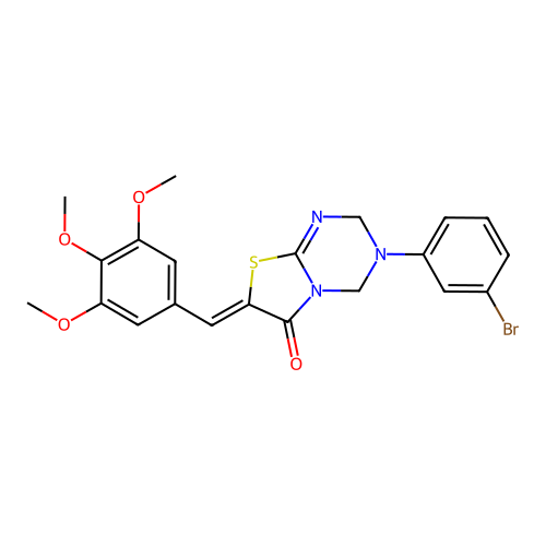 (Z)-3-(3-bromophenyl)-7-(3,4,5-trimethoxybenzylidene)-3,4-dihydro-2H-thiazolo[3,2-a][1,3,5]triazin-6(7H)-one structure