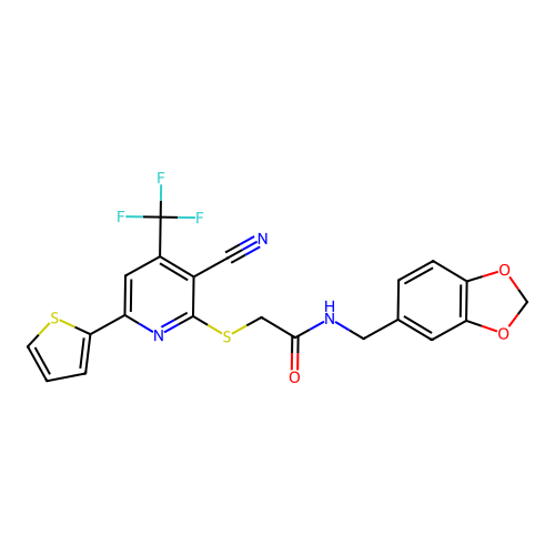 N-(1,3-benzodioxol-5-ylmethyl)-2-[3-cyano-6-thiophen-2-yl-4-(trifluoromethyl)pyridin-2-yl]sulfanylacetamide structure