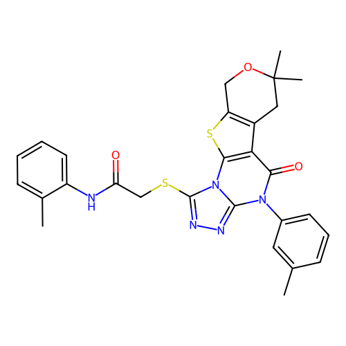 2-((7,7-dimethyl-5-oxo-4-(m-tolyl)-5,6,7,9-tetrahydro-4H-pyrano[4',3':4,5]thieno[3,2-e][1,2,4]triazolo[4,3-a]pyrimidin-1-yl)thio)-N-(o-tolyl)acetamide structure