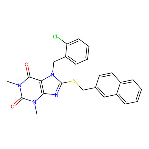 7-[(2-chlorophenyl)methyl]-1,3-dimethyl-8-(naphthalen-2-ylmethylsulfanyl)purine-2,6-dione structure