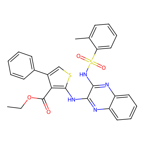 ethyl 2-((3-(2-methylphenylsulfonamido)quinoxalin-2-yl)amino)-4-phenylthiophene-3-carboxylate structure