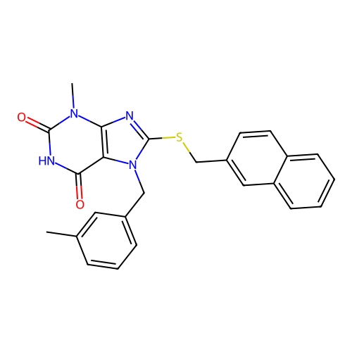 3-methyl-7-(3-methylbenzyl)-8-((naphthalen-2-ylmethyl)thio)-1H-purine-2,6(3H,7H)-dione structure